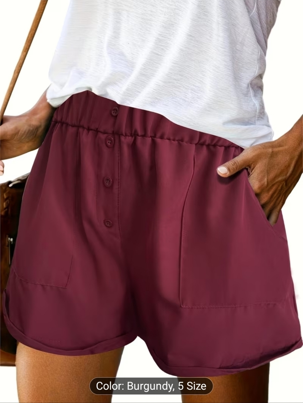 casual burgundy women’s shorts with button-front